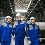 Sekelompok pekerja industri berseragam dan alat pelindung diri sedang berdiskusi di dalam pabrik baja